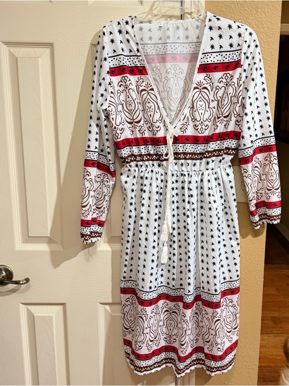 New White and Red Patterned V-Neck Women's Dress large
